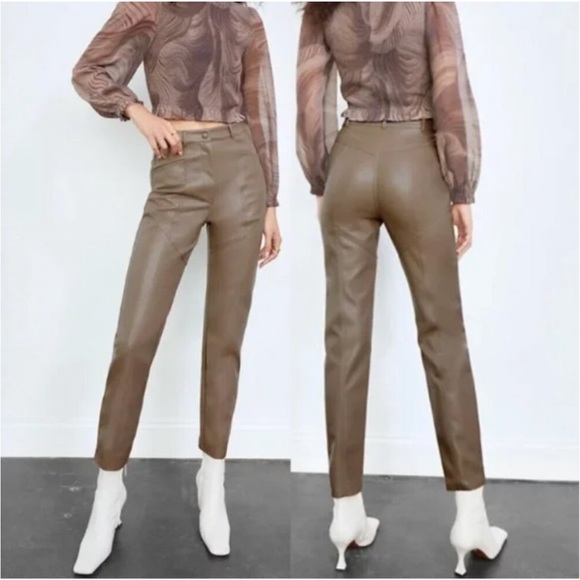 Aritzia Wilfred Free Rebel High Waisted Vegan Leather Pants in Taupe - Picture 1 of 7